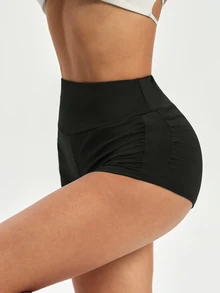 SHEIN Sports Women's High Elasticity Tight Sexy Baggy Soft Athletic Tummy Control Yoga Shorts With Side Ruched Design Sports Fitness Gym Black Summer Pilates - Black - View 5