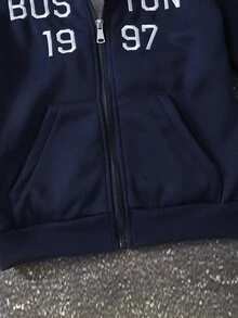 SHEIN 女童抓絨內裡連帽外套大衣，秋冬新款學生字母刺繡羊羔絨內裡拉鍊運動衫，秋季服飾 - 藏蓝色 - 查看 8