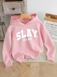 SHEIN Tween女孩時尚簡約SLAY字母圖案印花基本款粉色連帽衛衣，冬季穿著舒適 - 粉色 - 查看 6