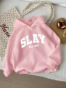SHEIN Tween女孩時尚簡約SLAY字母圖案印花基本款粉色連帽衛衣，冬季穿著舒適 - 粉色 - 查看 3