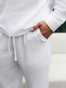VENTUSAIL 男士纯色亚麻质感半开襟纽扣装饰休闲假日长袖衬衫和裤子套装 - 白色 - 查看 4