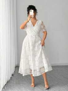Elenzga Plus Size White, Elegant Women's V-Neck Organza Floral Printed Short-Sleeve Summer Dress - White - View 5