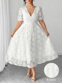 Elenzga Plus Size White, Elegant Women's V-Neck Organza Floral Printed Short-Sleeve Summer Dress - White - View 1