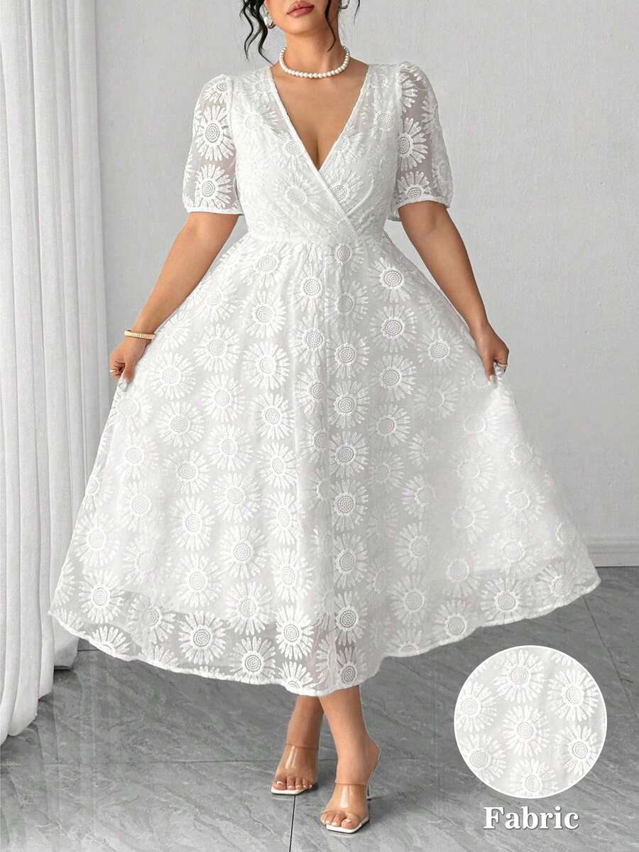 Elenzga Plus Size White, Elegant Women's V-Neck Organza Floral Printed Short-Sleeve Summer Dress - White - View 1