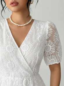 Elenzga Plus Size White, Elegant Women's V-Neck Organza Floral Printed Short-Sleeve Summer Dress - White - View 9