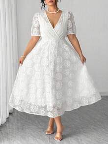 Elenzga Plus Size White, Elegant Women's V-Neck Organza Floral Printed Short-Sleeve Summer Dress - White - View 6