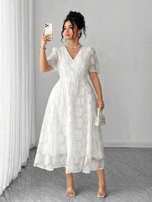 Elenzga Plus Size White, Elegant Women's V-Neck Organza Floral Printed Short-Sleeve Summer Dress - White - View 8