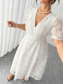 Elenzga Plus Size White, Elegant Women's V-Neck Organza Floral Printed Short-Sleeve Summer Dress - White - View 3