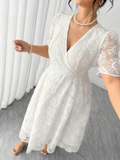 Elenzga Plus Size White, Elegant Women's V-Neck Organza Floral Printed Short-Sleeve Summer Dress