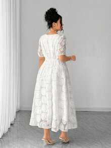 Elenzga Plus Size White, Elegant Women's V-Neck Organza Floral Printed Short-Sleeve Summer Dress - White - View 2