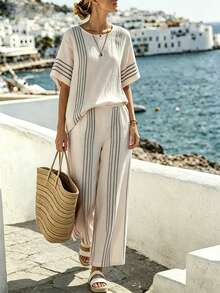 SHEIN Franclia Women's Beige Summer Casual Vacation Holiday Outfit,Striped Print Crew Neck Short Sleeve Pants Two Pieces Set,Linen-Feel Versatile Spring Apparel - Apricot - View 6