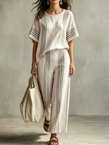 SHEIN Franclia Women's Beige Summer Casual Vacation Holiday Outfit,Striped Print Crew Neck Short Sleeve Pants Two Pieces Set,Linen-Feel Versatile Spring Apparel - Apricot - View 2