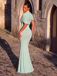 Aureia Elegant Classy Powder Blue Slim Fit Round Neck Asymmetric Shoulder Elastic Mesh Waistline Pleated Long Bodycon Formal Wedding Maxi Dress Winter - Mint Blue - View 3