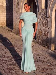 Aureia Elegant Classy Powder Blue Slim Fit Round Neck Asymmetric Shoulder Elastic Mesh Waistline Pleated Long Bodycon Formal Wedding Maxi Dress Winter - Mint Blue - View 4