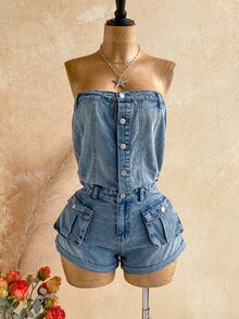 Soleia Women's Strapless Denim Romper - Multicolor - View 6
