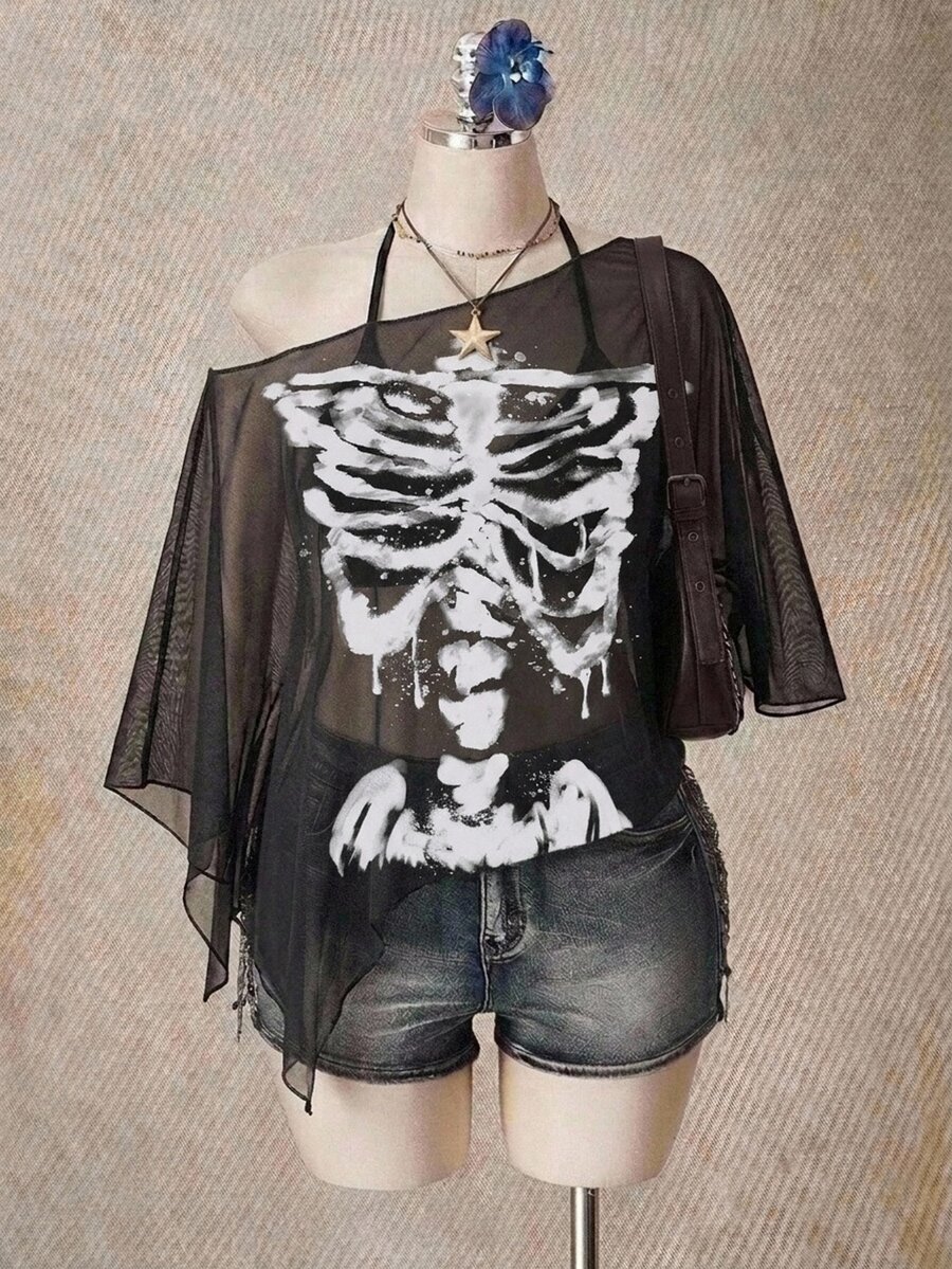 SHEIN ICON 大尺碼女款萬聖節骷髏印花黑色網紗上衣,萬聖節服裝,派對穿搭 - 彩色 - 查看 1
