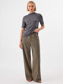 KÆRIA Hus Mock Neck Solid Short Sleeve Tee Office - Grey Blue - Autumn Casual Minimalist Modern, Basic Tops, Going Out Tops - Dark Grey - View 6