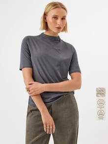 KÆRIA Hus Mock Neck Solid Short Sleeve Tee Office - Grey Blue - Autumn Casual Minimalist Modern, Basic Tops, Going Out Tops - Dark Grey - View 8