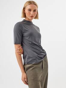 KÆRIA Hus Mock Neck Solid Short Sleeve Tee Office - Grey Blue - Autumn Casual Minimalist Modern, Basic Tops, Going Out Tops - Dark Grey - View 3