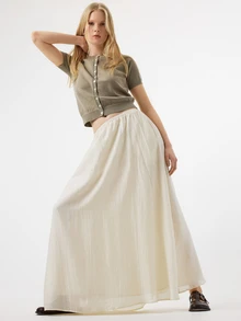 KÆRIA Hus Elasticated-Waist Full-Volume Maxi Skirt - Air Blend - Off-White - Gathered, A-Line, Flowy, Vacation, Beach Brunch, Autumn, Elegant, Teacher - Apricot - View 5