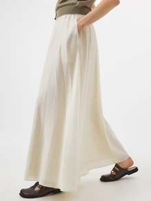 KÆRIA Hus Elasticated-Waist Full-Volume Maxi Skirt - Air Blend - Off-White - Gathered, A-Line, Flowy, Vacation, Beach Brunch, Autumn, Elegant, Teacher - Apricot - View 3