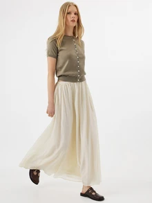 KÆRIA Hus Elasticated-Waist Full-Volume Maxi Skirt - Air Blend - Off-White - Gathered, A-Line, Flowy, Vacation, Beach Brunch, Autumn, Elegant, Teacher - Apricot - View 4