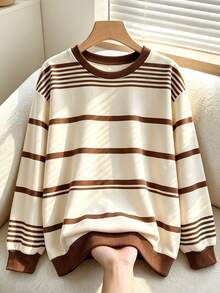Trelyra Sweatshirt Lengan Panjang Kasual Harian Wanita Ukuran Besar dengan Leher Bulat dan Blok Warna - Coklat - View 5