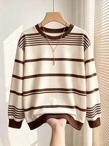 Trelyra Sweatshirt Lengan Panjang Kasual Harian Wanita Ukuran Besar dengan Leher Bulat dan Blok Warna - Coklat - View 4