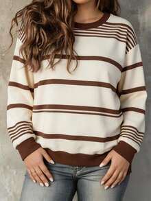 Trelyra Sweatshirt Lengan Panjang Kasual Harian Wanita Ukuran Besar dengan Leher Bulat dan Blok Warna - Coklat - View 1
