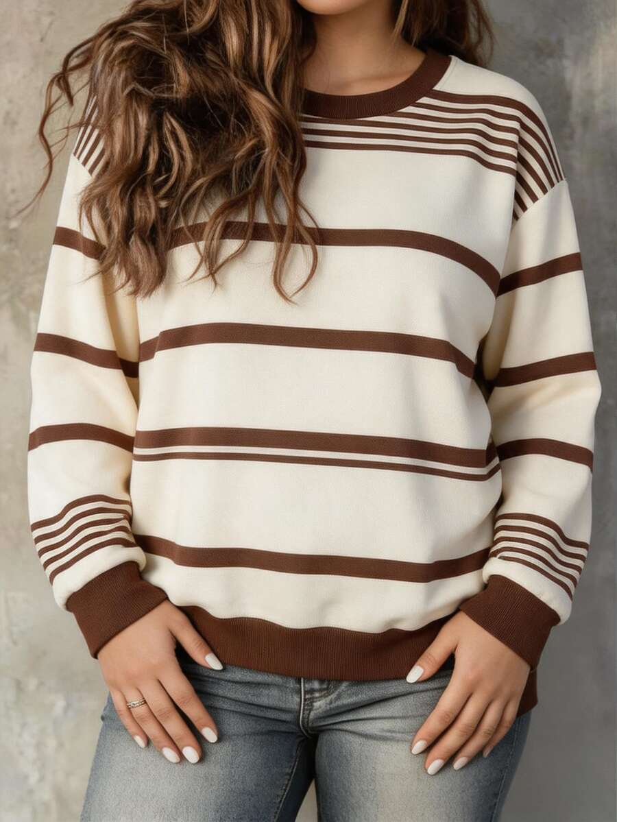 Trelyra Sweatshirt Lengan Panjang Kasual Harian Wanita Ukuran Besar dengan Leher Bulat dan Blok Warna - Coklat - View 1