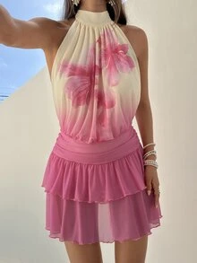 Aloruh Women's Sexy Tropical Romantic Elegant Halter Neck Ruched Flounce Hem Mini Dress Beach Vacation Brunch Soft Pink Summer - Pink - View 7