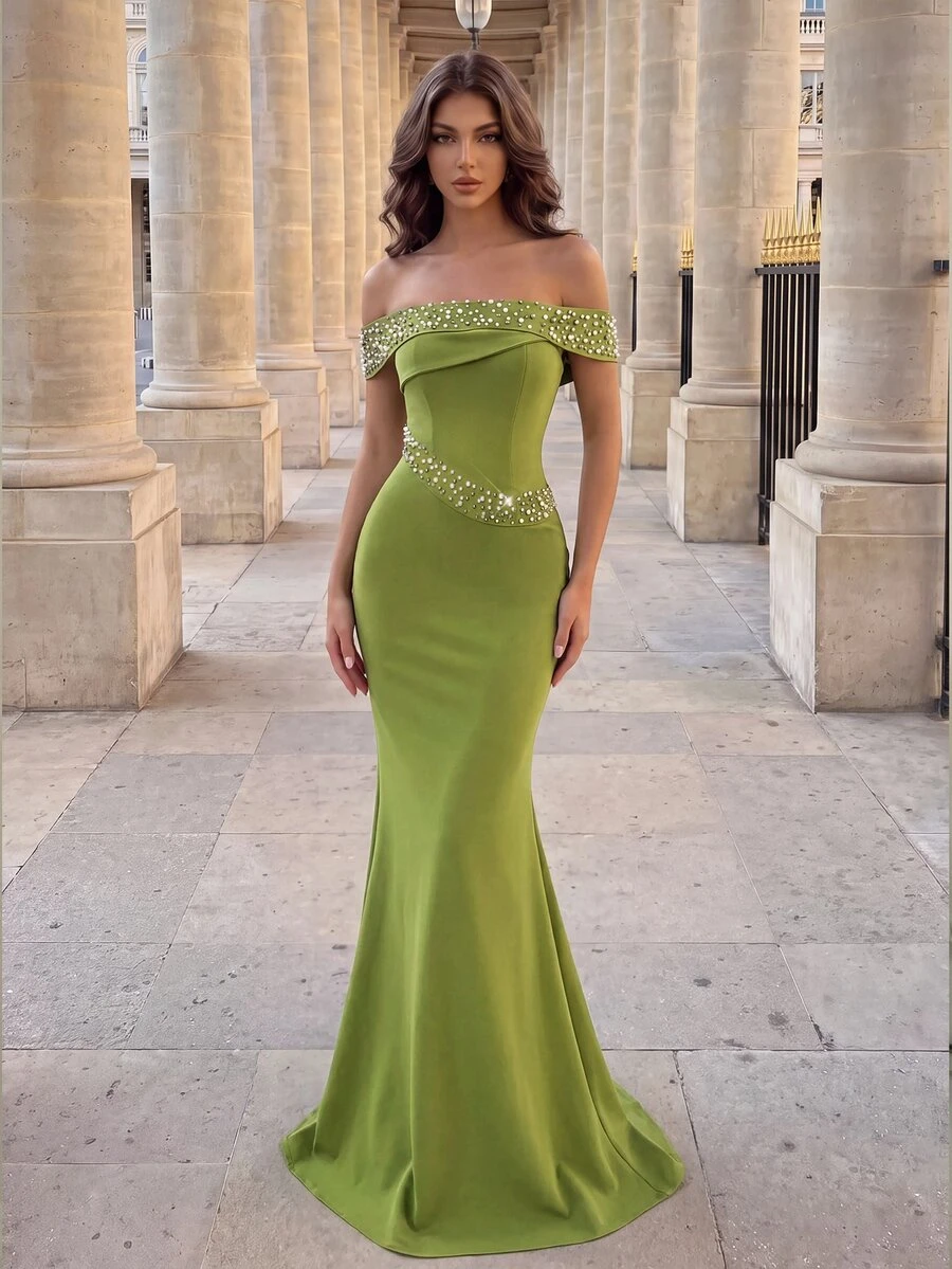 SHEIN Belle Women's Faux Pearl & Rhinestone Decor Elegant Fitted Cocktail Party Dress - Olive Green - View 1