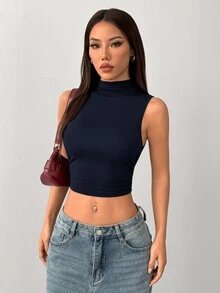SHEIN PETITE 黑色小高領抓皺背心，簡約時尚，適合夏季，電音派對上衣，適合嬌小女性 - 藏蓝色 - 查看 3