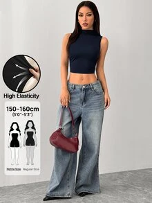 SHEIN PETITE 黑色小高領抓皺背心，簡約時尚，適合夏季，電音派對上衣，適合嬌小女性 - 藏蓝色 - 查看 9