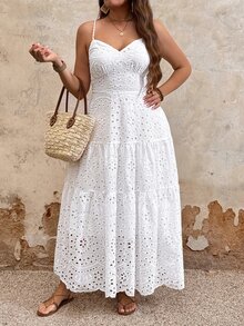 Breezaya Plus Size Women's White Summer Boho Tea Party Holiday Simple Spaghetti Strap Fitted Long Dress,Casual Vacation Style Curve Plus Curve - White - View 7