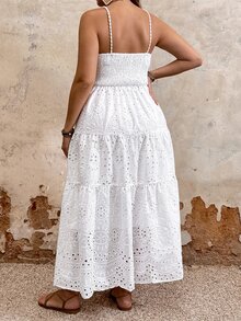 Breezaya Plus Size Women's White Summer Boho Tea Party Holiday Simple Spaghetti Strap Fitted Long Dress,Casual Vacation Style Curve Plus Curve - White - View 2