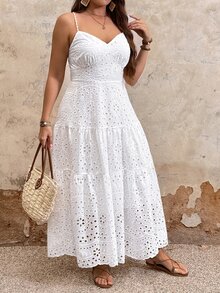 Breezaya Plus Size Women's White Summer Boho Tea Party Holiday Simple Spaghetti Strap Fitted Long Dress,Casual Vacation Style Curve Plus Curve - White - View 5