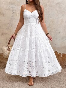 Breezaya Plus Size Women's White Summer Boho Tea Party Holiday Simple Spaghetti Strap Fitted Long Dress,Casual Vacation Style Curve Plus Curve - White - View 3