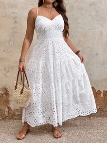 Breezaya Plus Size Women's White Summer Boho Tea Party Holiday Simple Spaghetti Strap Fitted Long Dress,Casual Vacation Style Curve Plus Curve - White - View 6