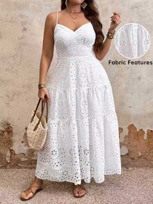 Breezaya Plus Size Women's White Summer Boho Tea Party Holiday Simple Spaghetti Strap Fitted Long Dress,Casual Vacation Style Curve Plus Curve - White - View 1