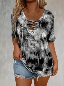 Plus Tie Dye Lace Up Front Tee Women Graphic Tee Top For Summer - Multicolor - View 3