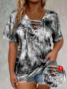 Plus Tie Dye Lace Up Front Tee Women Graphic Tee Top For Summer - Multicolor - View 1