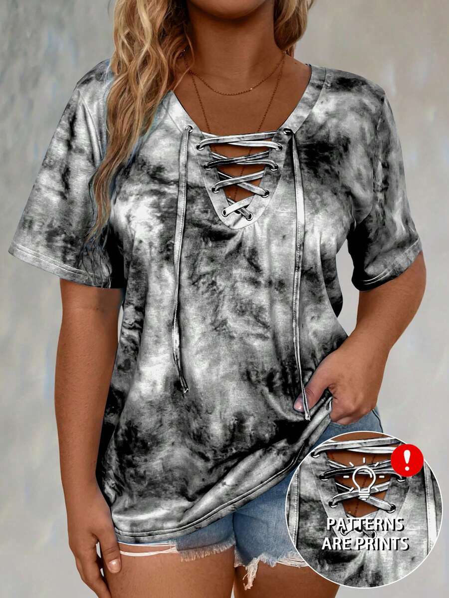 Plus Tie Dye Lace Up Front Tee Women Graphic Tee Top For Summer - Multicolor - View 1