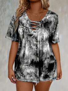 Plus Tie Dye Lace Up Front Tee Women Graphic Tee Top For Summer - Multicolor - View 5