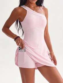 Dewbera Dewbera 1 Set Pink Tennis Outfit, One Shoulder Contrast Trim Dress With Built-In Shorts Sports Summer Wear - Pink - View 5