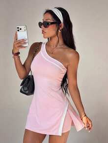 Dewbera Dewbera 1 Set Pink Tennis Outfit, One Shoulder Contrast Trim Dress With Built-In Shorts Sports Summer Wear - Pink - View 1
