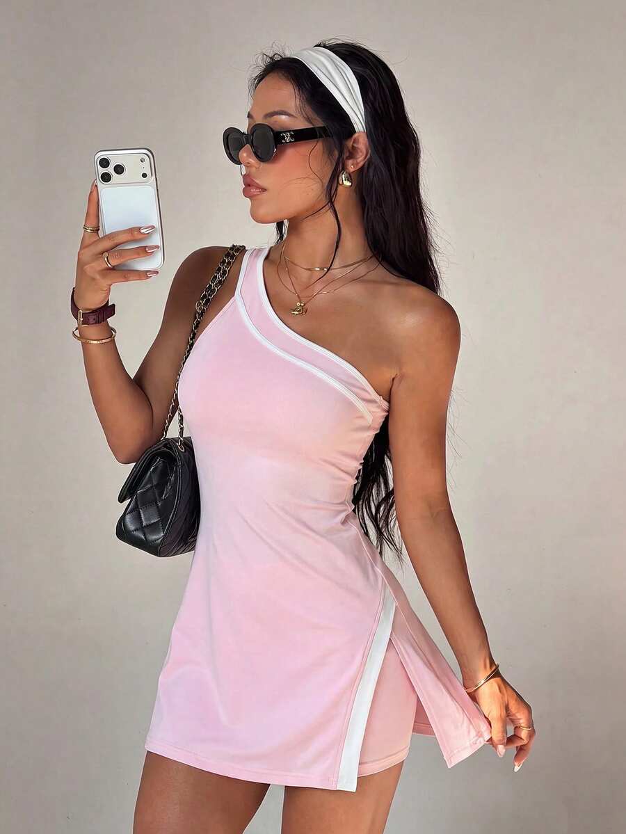 Dewbera Dewbera 1 Set Pink Tennis Outfit, One Shoulder Contrast Trim Dress With Built-In Shorts Sports Summer Wear - Pink - View 1