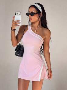 Dewbera Dewbera 1 Set Pink Tennis Outfit, One Shoulder Contrast Trim Dress With Built-In Shorts Sports Summer Wear - Pink - View 6