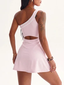 Dewbera Dewbera 1 Set Pink Tennis Outfit, One Shoulder Contrast Trim Dress With Built-In Shorts Sports Summer Wear - Pink - View 2