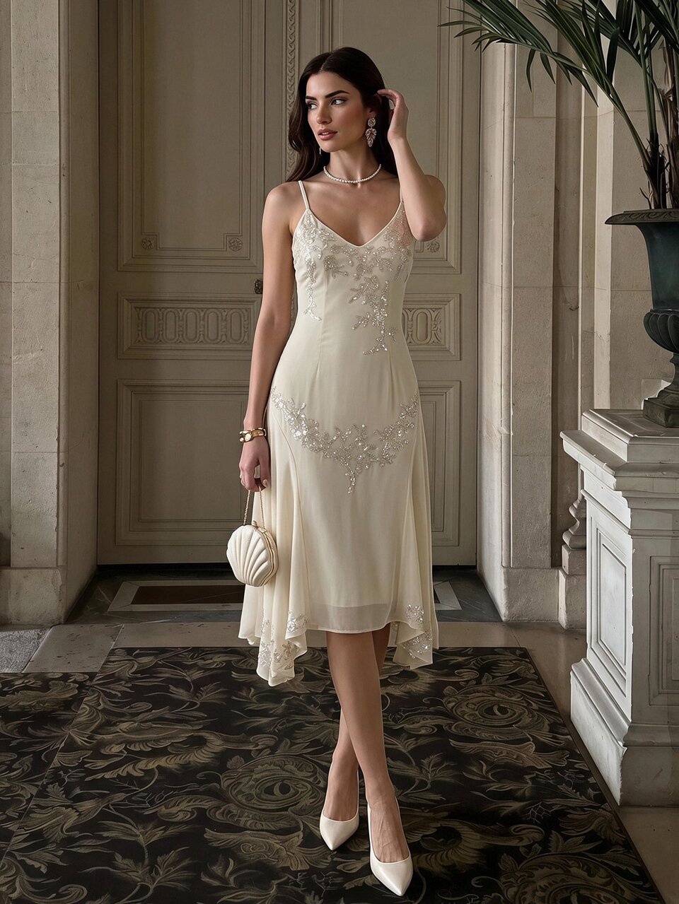Enchnt Premium Summer Romantic Flowy Modest Women's Elegant Cream White Sequin Floral Pearl Embroidered Slip Long Dress Junina Party Formal Graduation Guest
